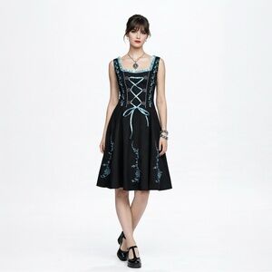Gaudi Leathers Dress Black Blue Lace Up Ren Faire Whimsigoth Fit & Flare 34
-